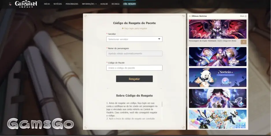 Resgatar Códigos Genshin Impact