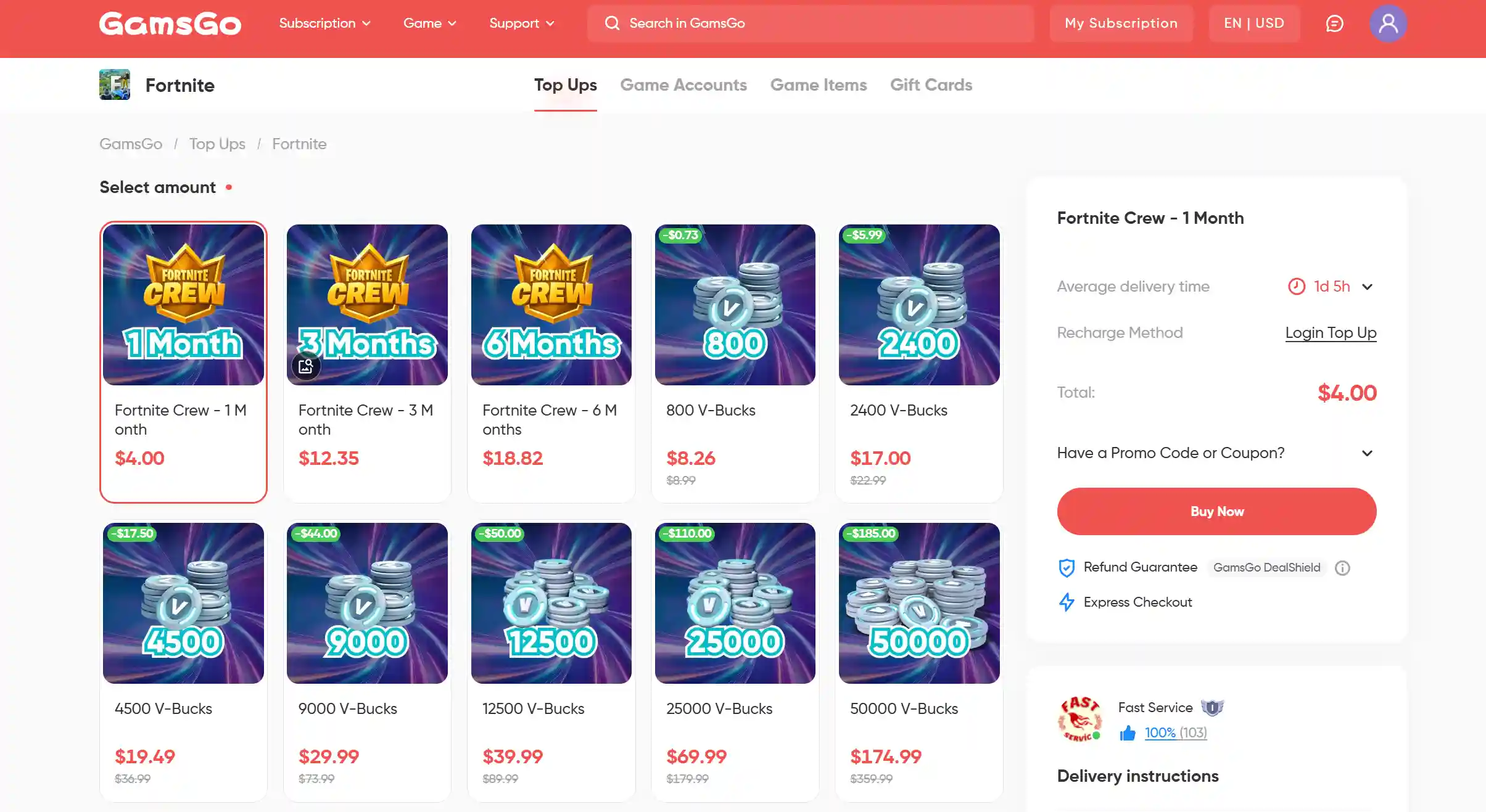 Fortnite V-Bucks top-up options available on GamsGo