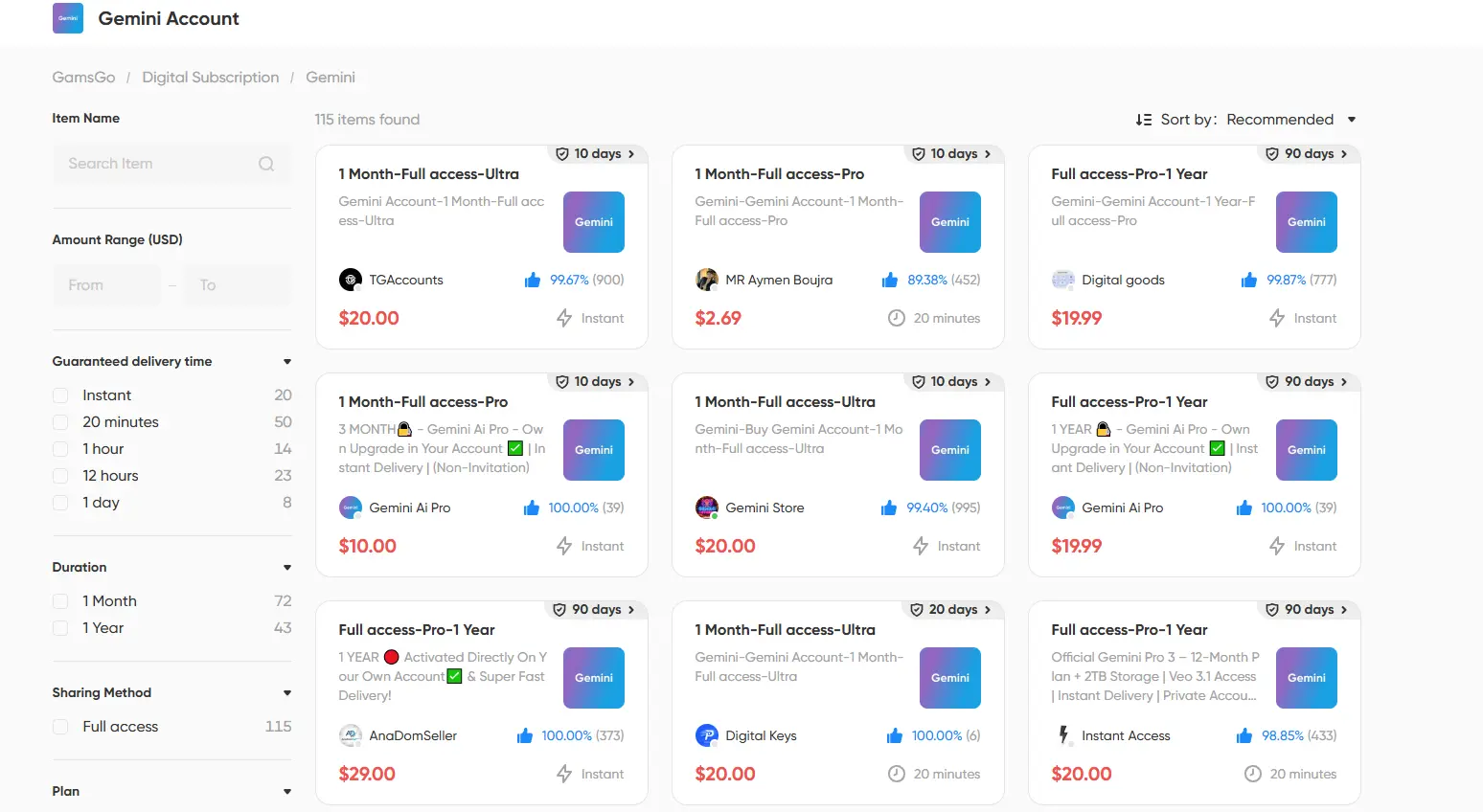 Subscription options including Google AI Pro, Plus, and Ultra plans