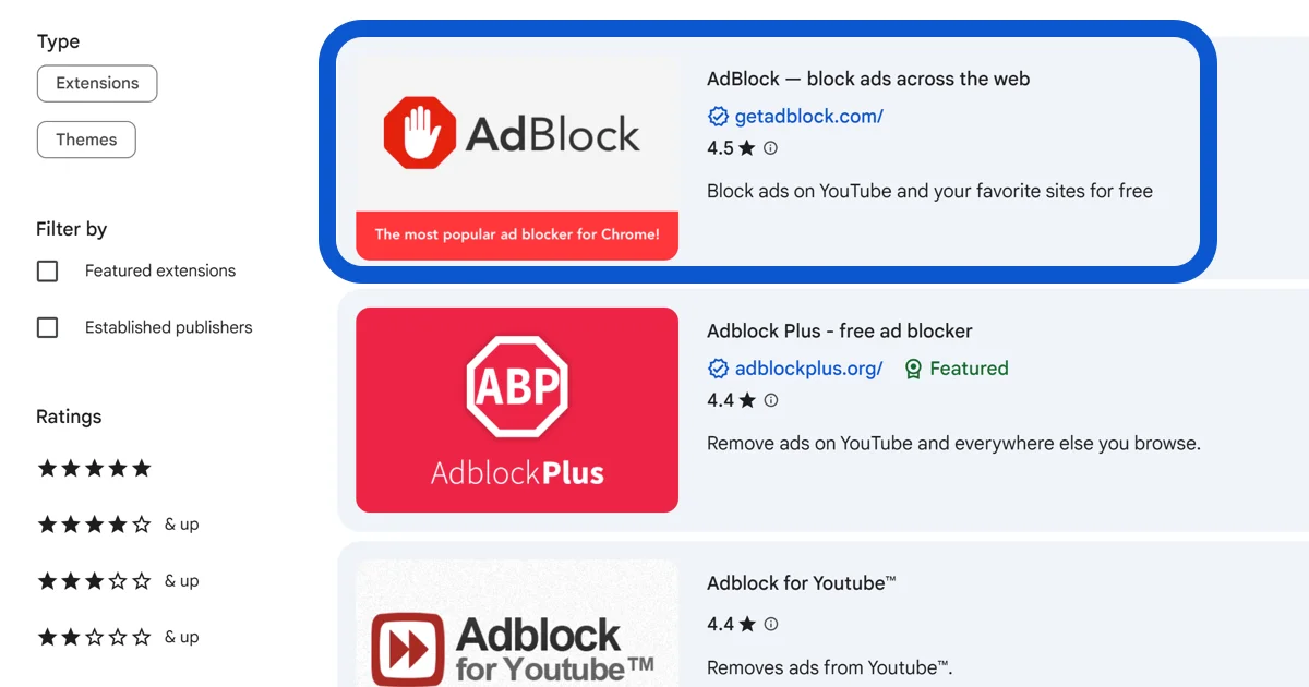 브라우저 확장 프로그램 스토어에서 AdBlock을 검색합니다