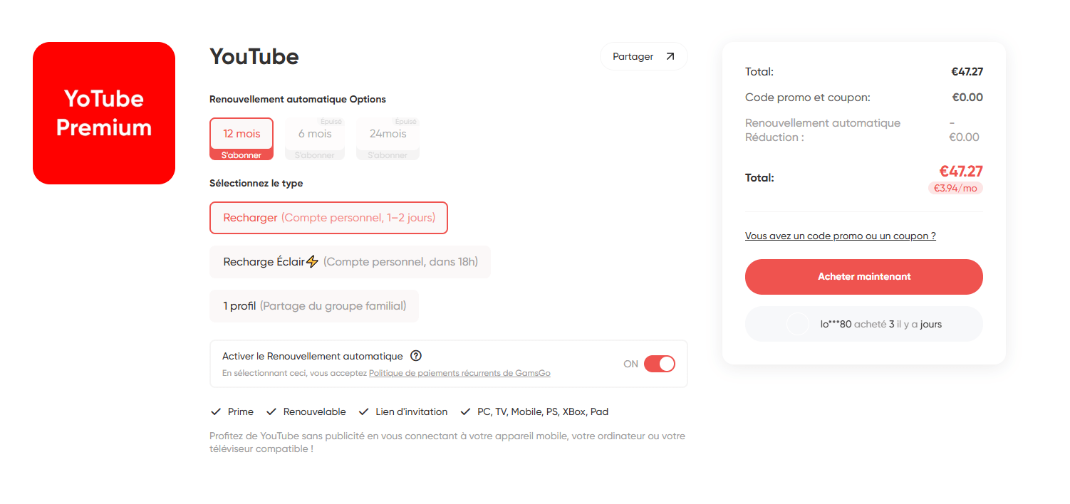 Sélection d’un forfait YouTube Premium sur GamsGo