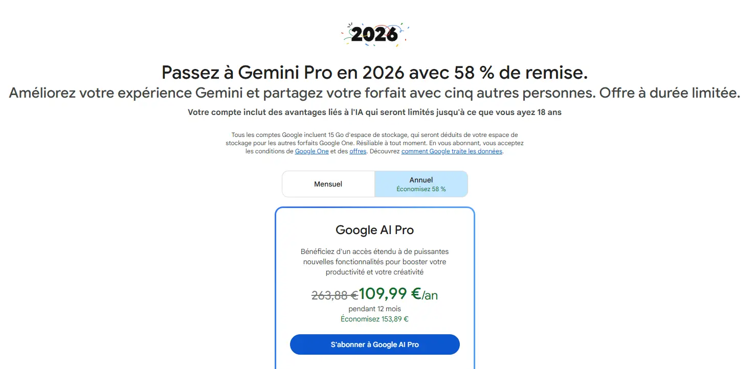 Obtenir Gemini Pro pas cher avec l'offre annuelle Google 2026