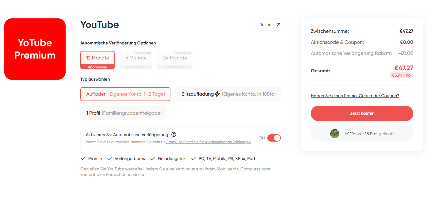 Auswahl eines YouTube-Premium-Abonnementplans auf GamsGo