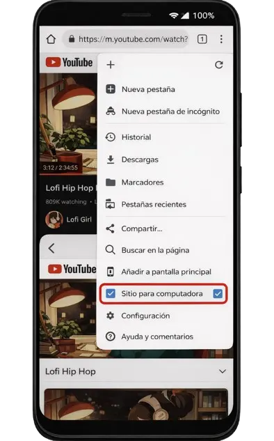 Activar sitio de escritorio en el navegador móvil para YouTube
