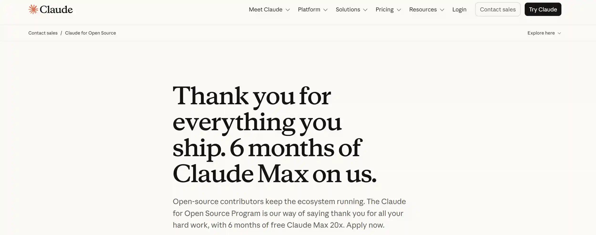 Claude for Open Source free Max 20x subscription program