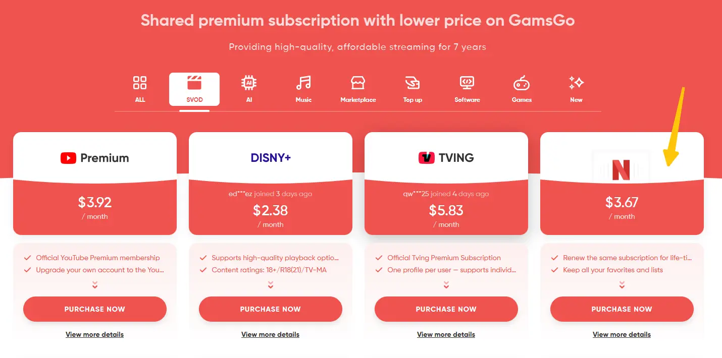 Netflix account sharing on GamsGo
