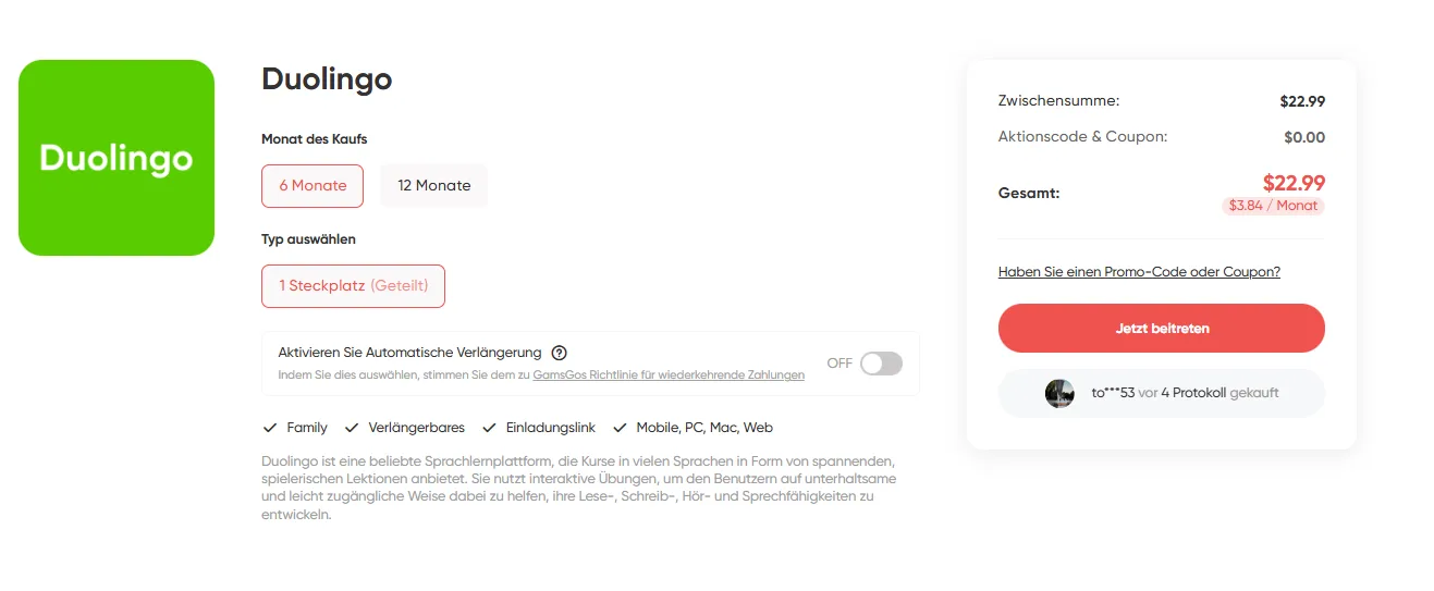 Super Duolingo Rabatt-Abo bei GamsGo