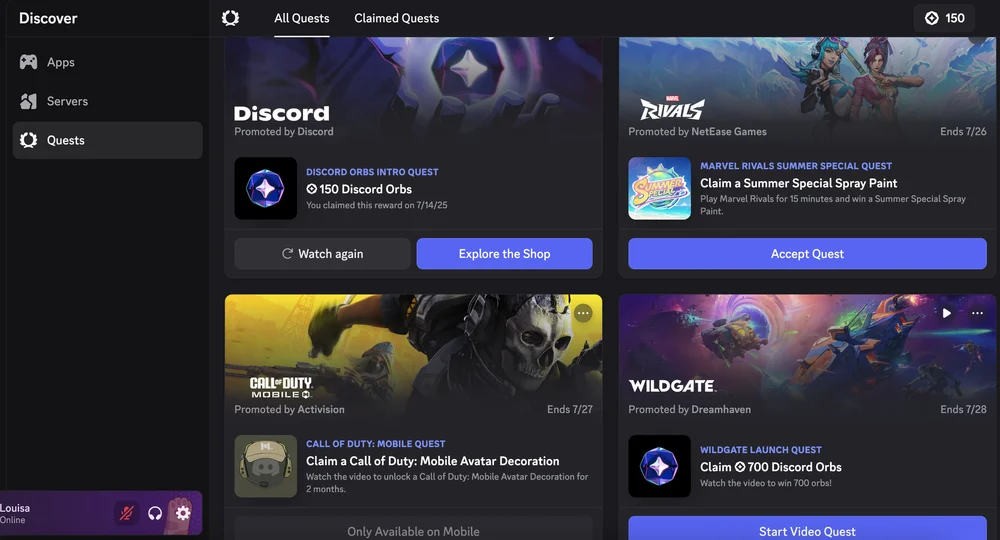 Discord Quests panel showing available Orbs rewards