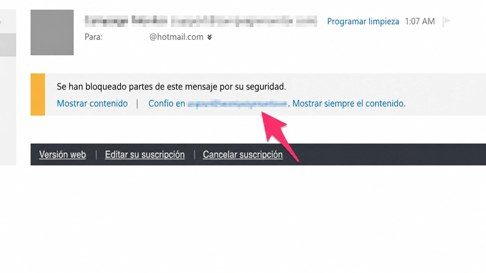 añadir un correo a la lista blanca en Outlook
