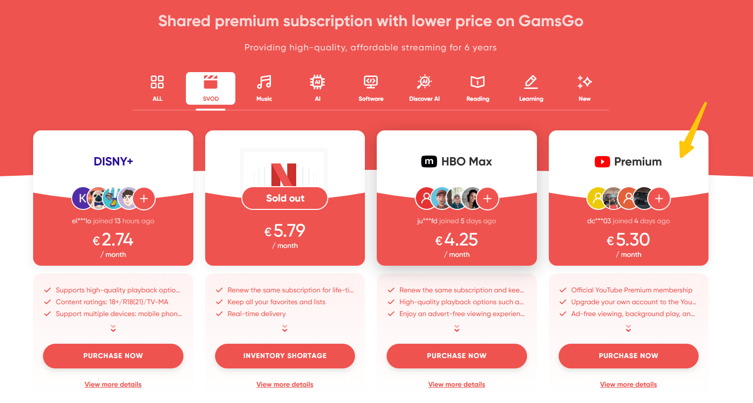 YouTube Premium option on the GamsGo homepage