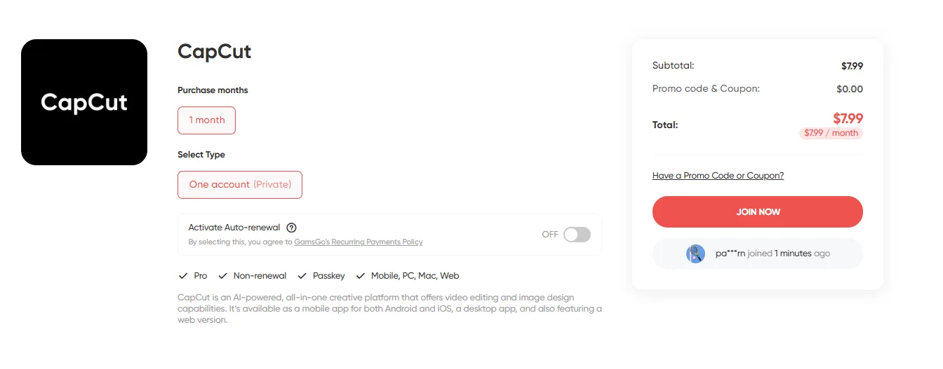 How much is CapCut Pro on GamsGo