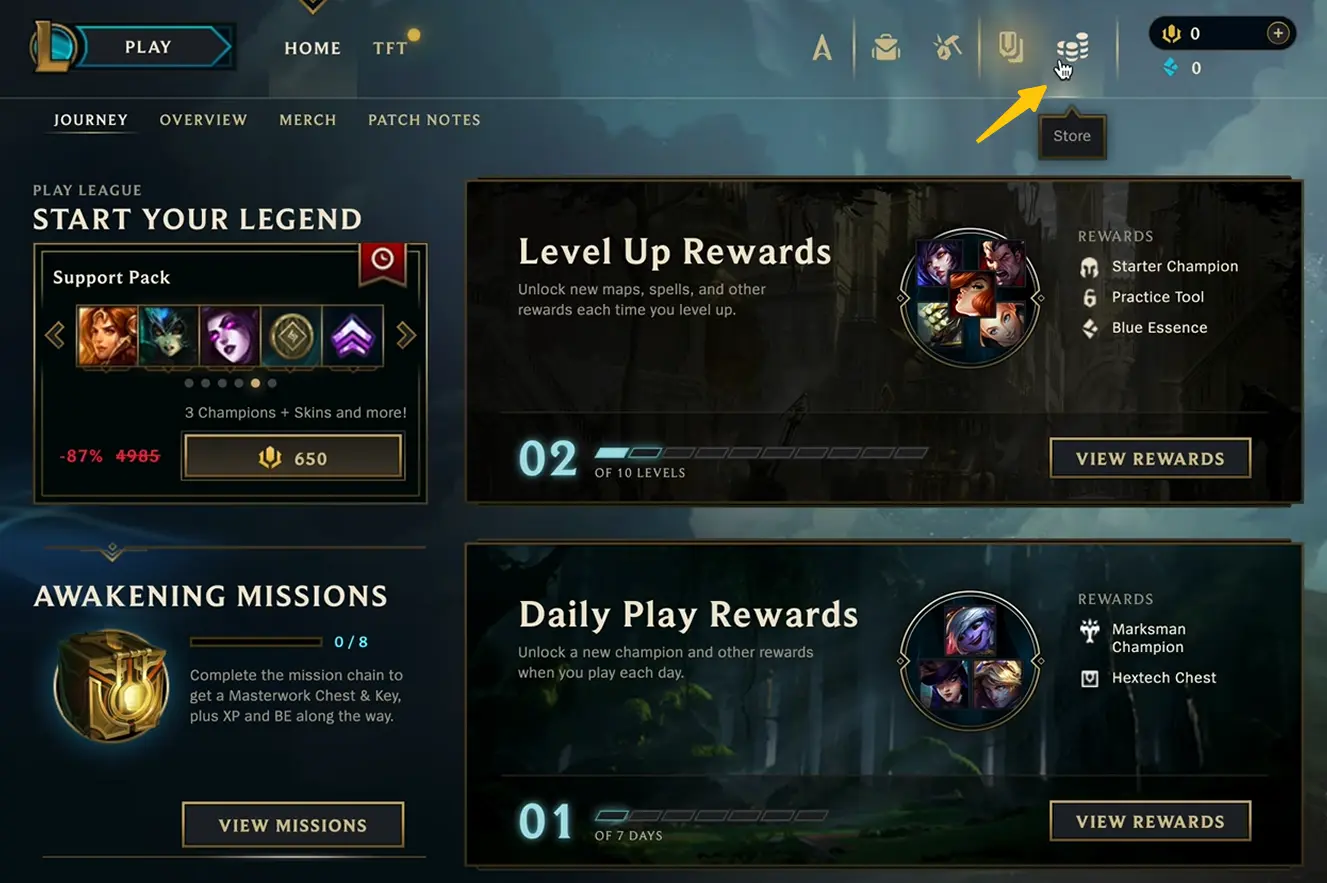 League of Legends client home screen with Store icon highlighted
