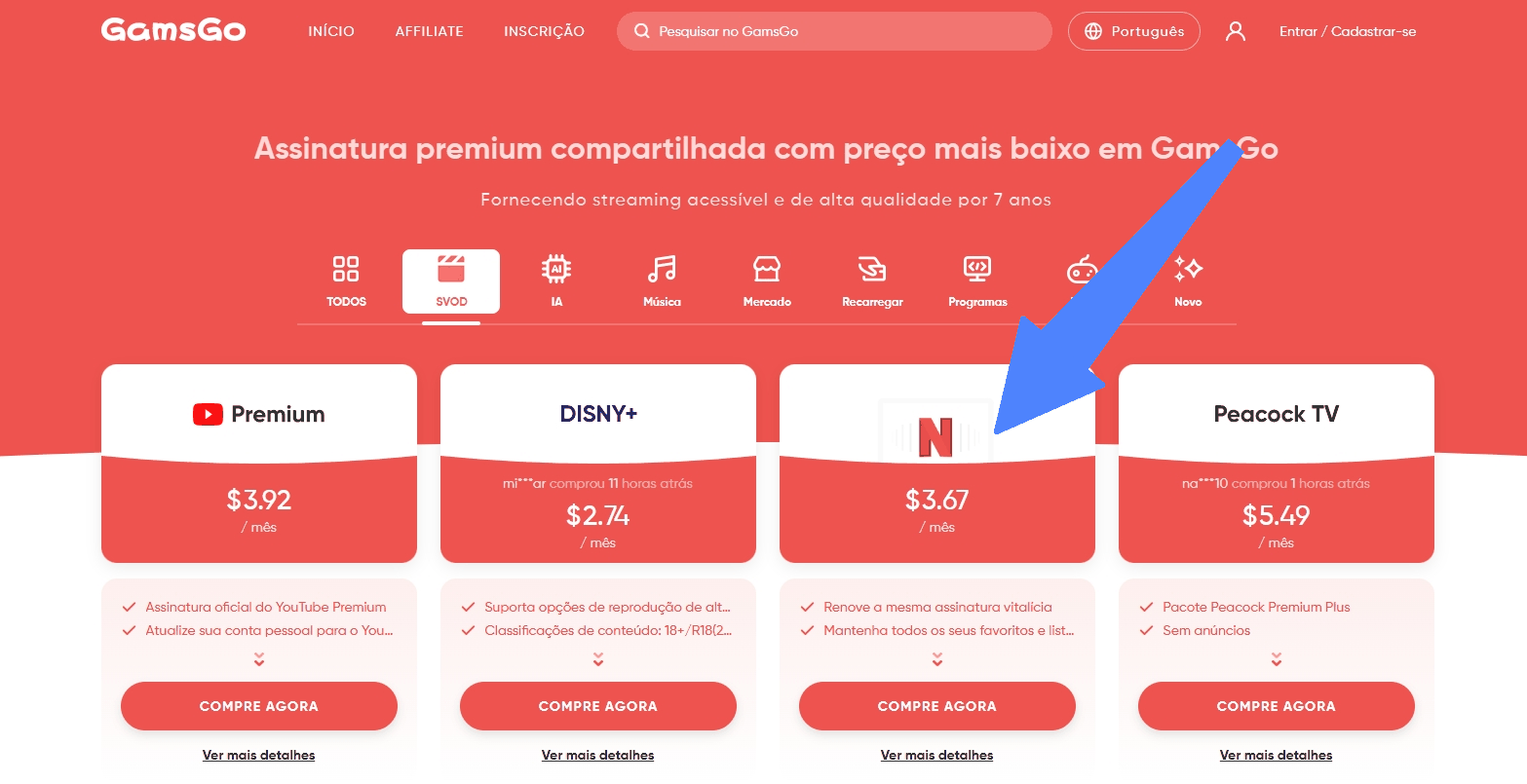 Compartilhamento de conta Netflix no GamsGo