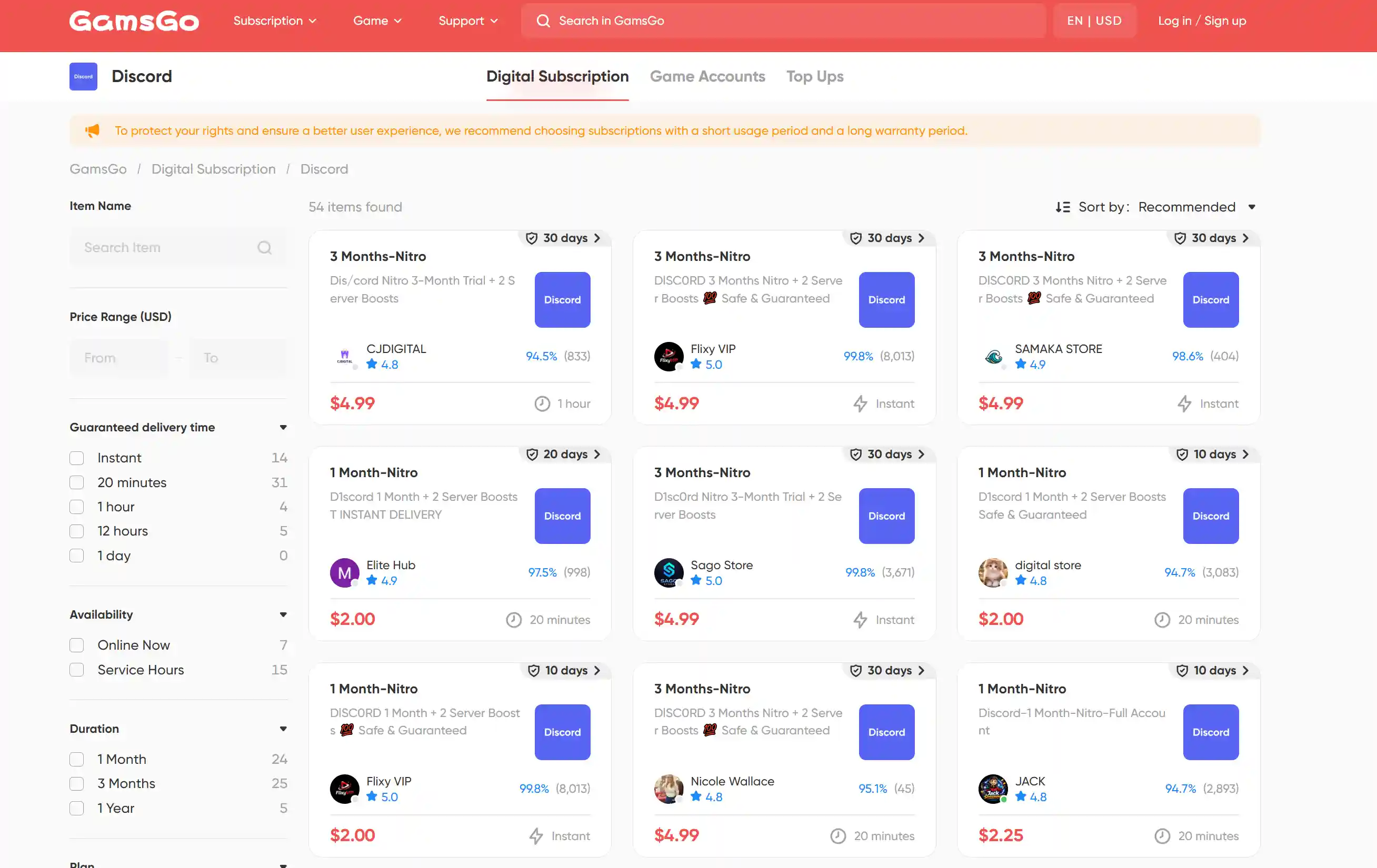 Discounted Discord Nitro listings on GamsGo