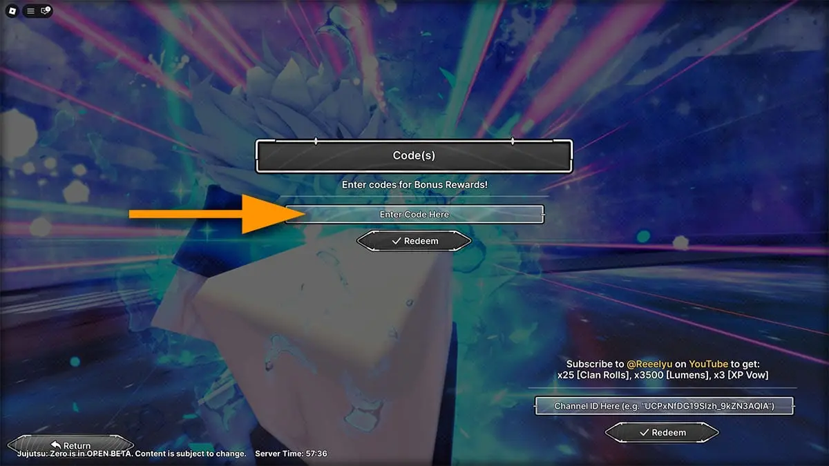 Jujutsu Zero code redemption screen with Enter Code Here box