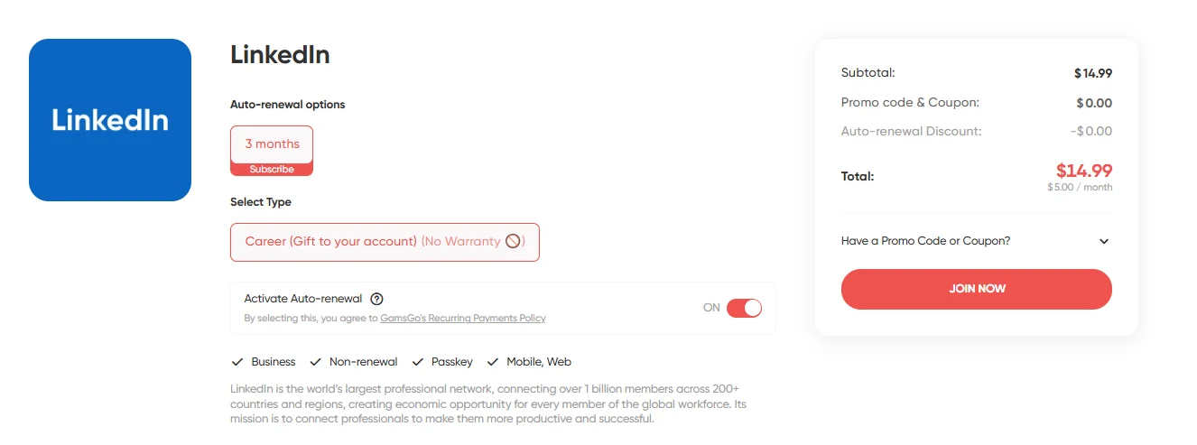GamsGo LinkedIn Premium discount