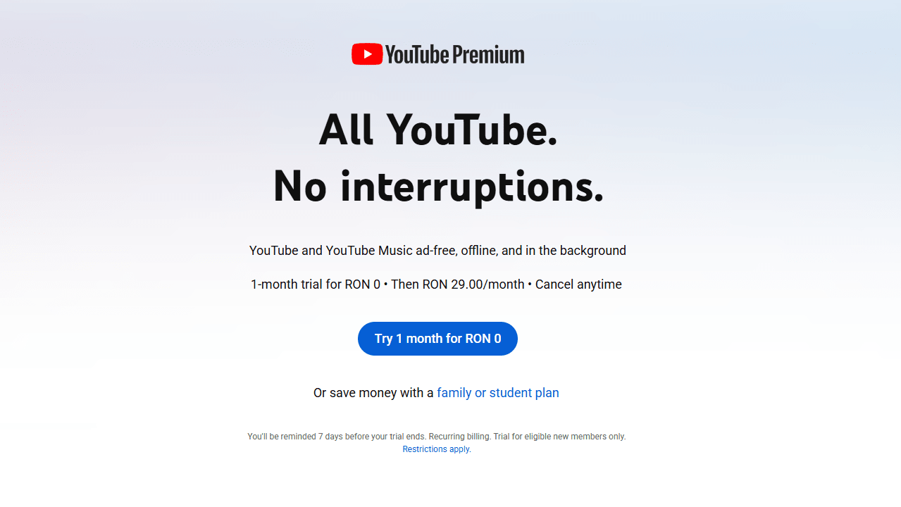 Checking YouTube Premium price on the official website