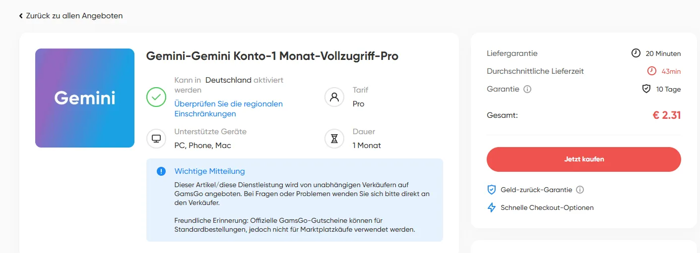Gemini Abo günstiger auf GamsGo kaufen
