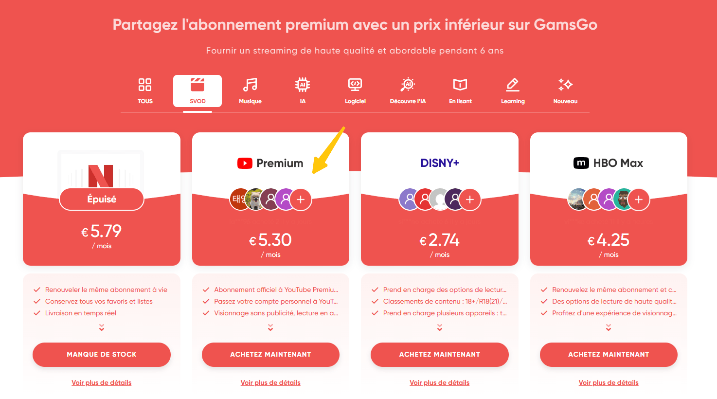 Option YouTube Premium sur la page d’accueil de GamsGo