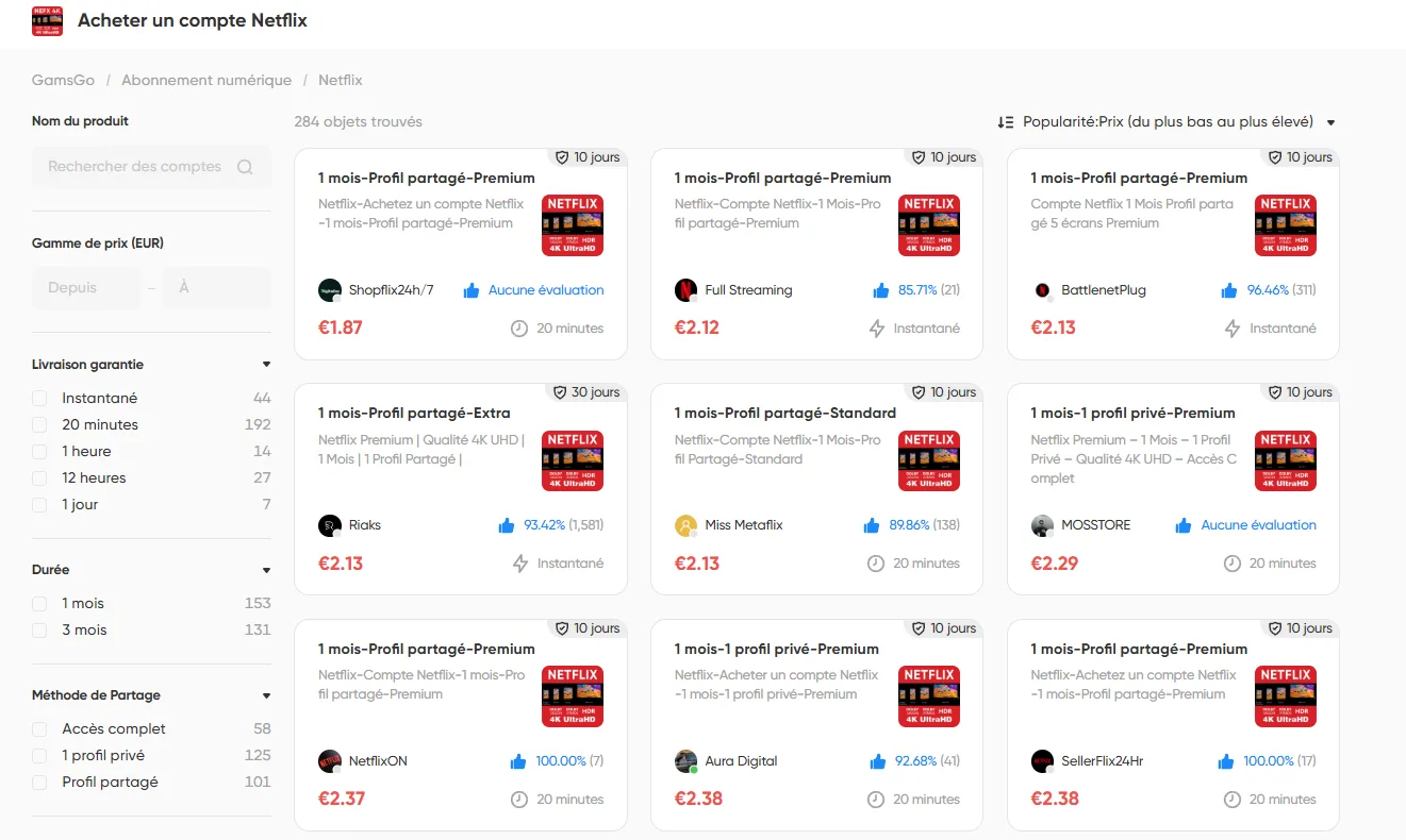 Multiples options Netflix sur GamsGo