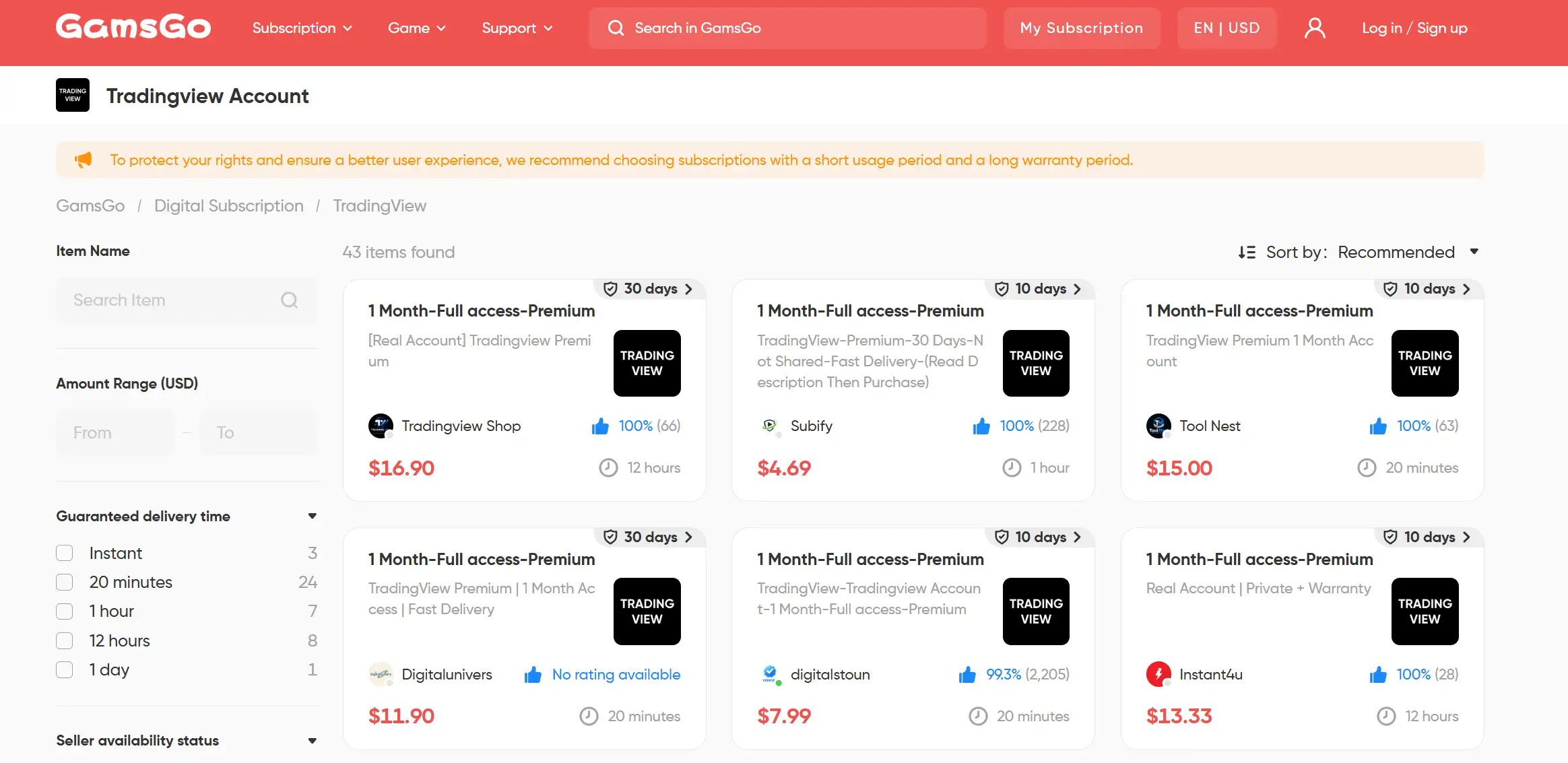 TradingView account offers on GamsGo Marketplace