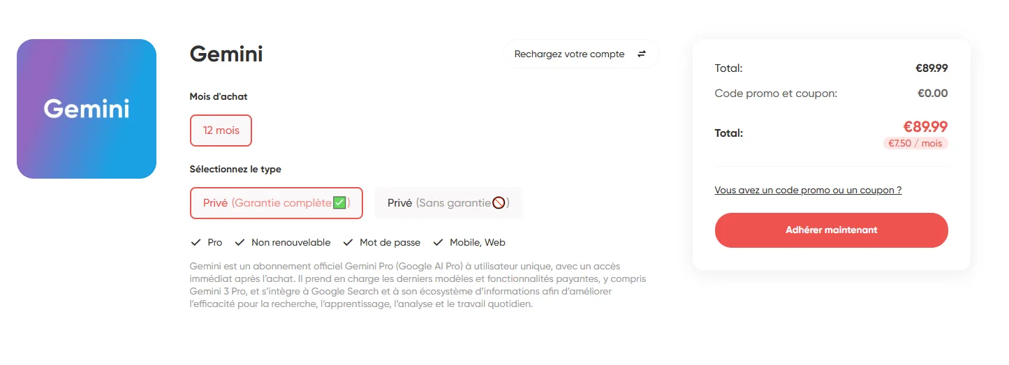 Prix ​​du Gemini Pro sur GamsGo