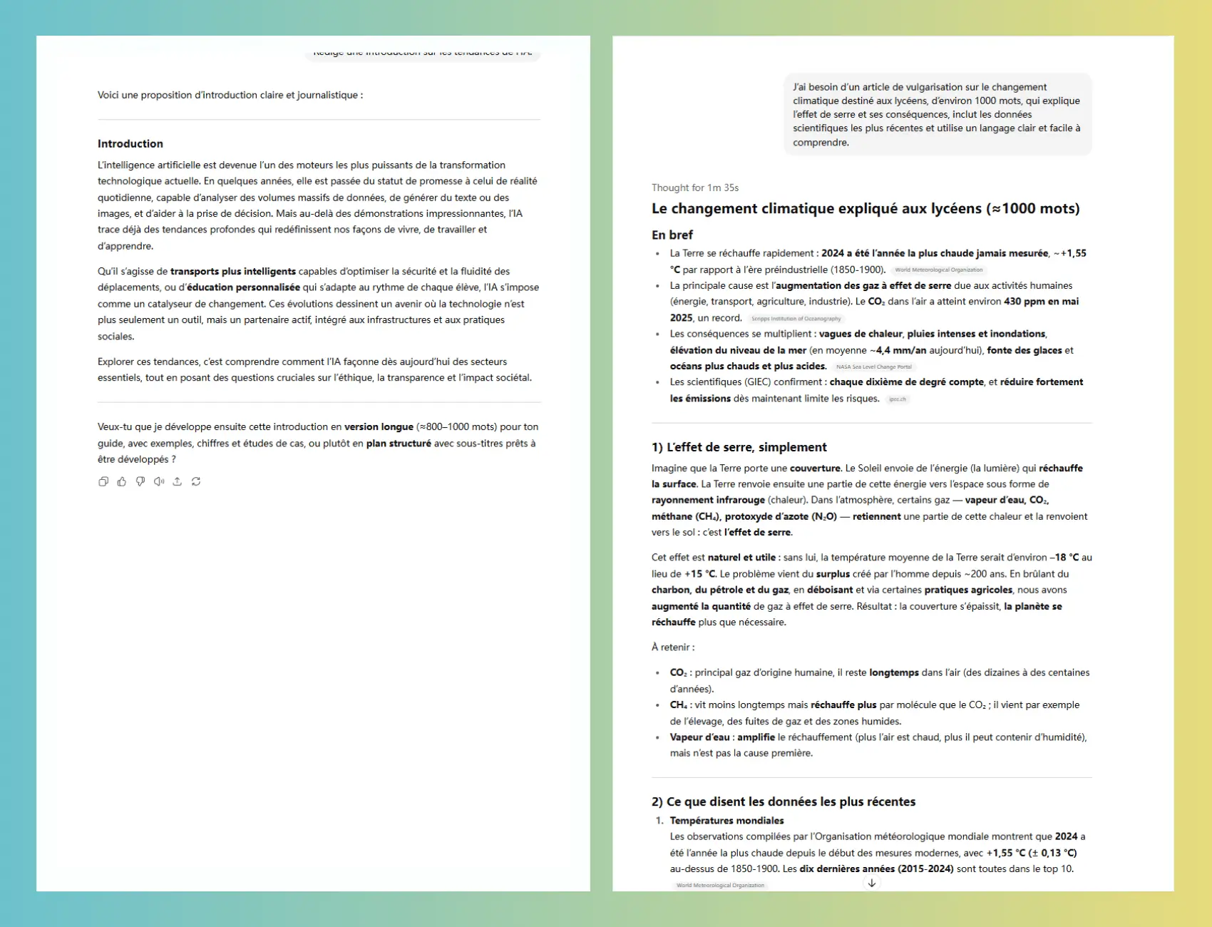 Comparaison des prompts ChatGPT pour un article sur le changement climatique : consignes vagues vs consignes claires