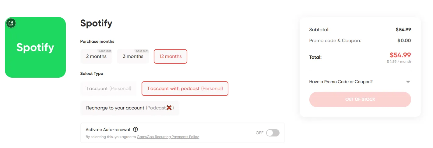Spotify Price at GamsGo