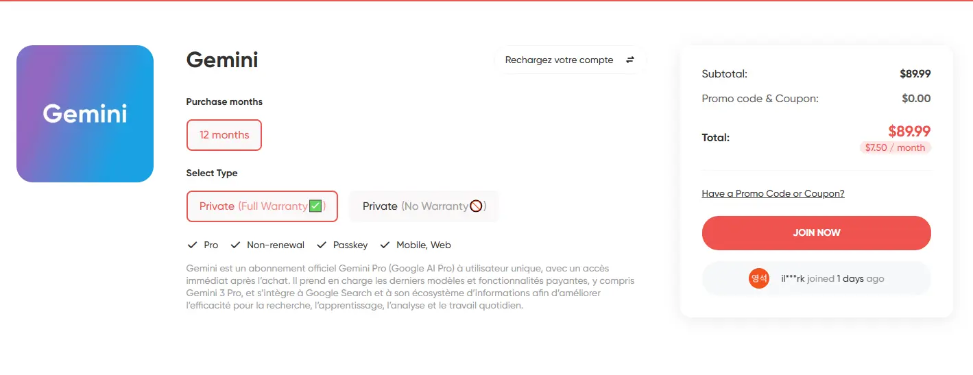 Gemini Pro pricing on GamsGo