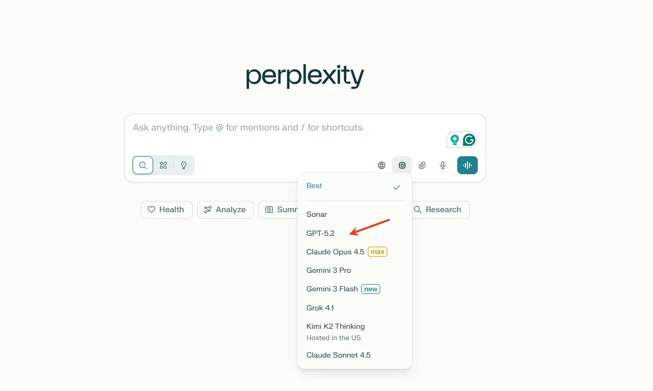 Perplexity AI GPT-5.2-Modellauswahl zeigt kostenlosen Zugang zu ChatGPT