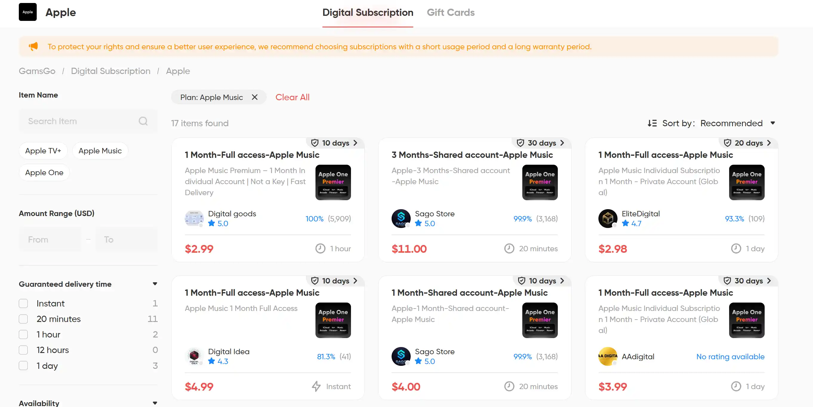 Apple Music shared subscription offer on the GamsGo marketplace