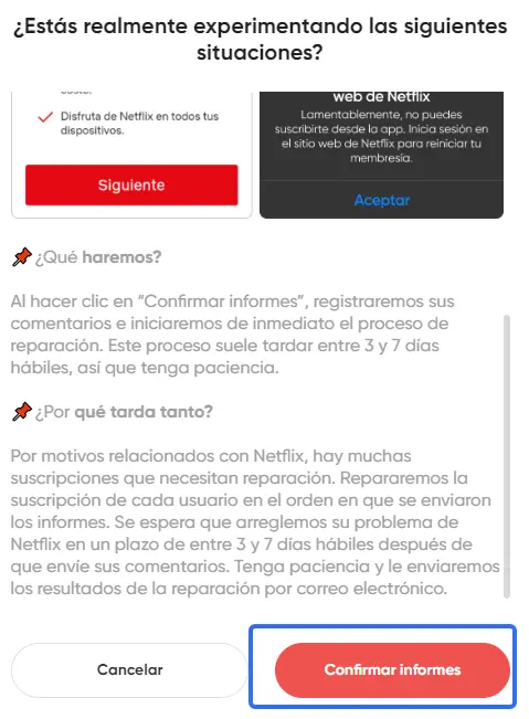confirmar reporte de problema de Netflix Premium en GamsGo