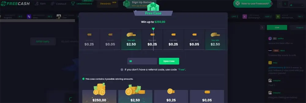 Freecash platform's Free Case opening interface with rewards for gamers