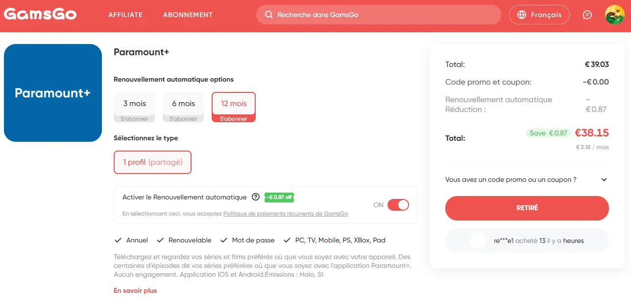 Comment partager Paramount Plus sur GamsGo