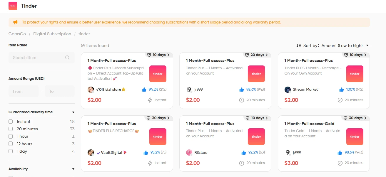 Tinder discount plans on GamsGo Marketplace