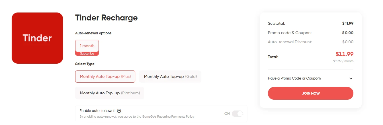 Cheap Tinder subscription with GamsGo Direct Recharge