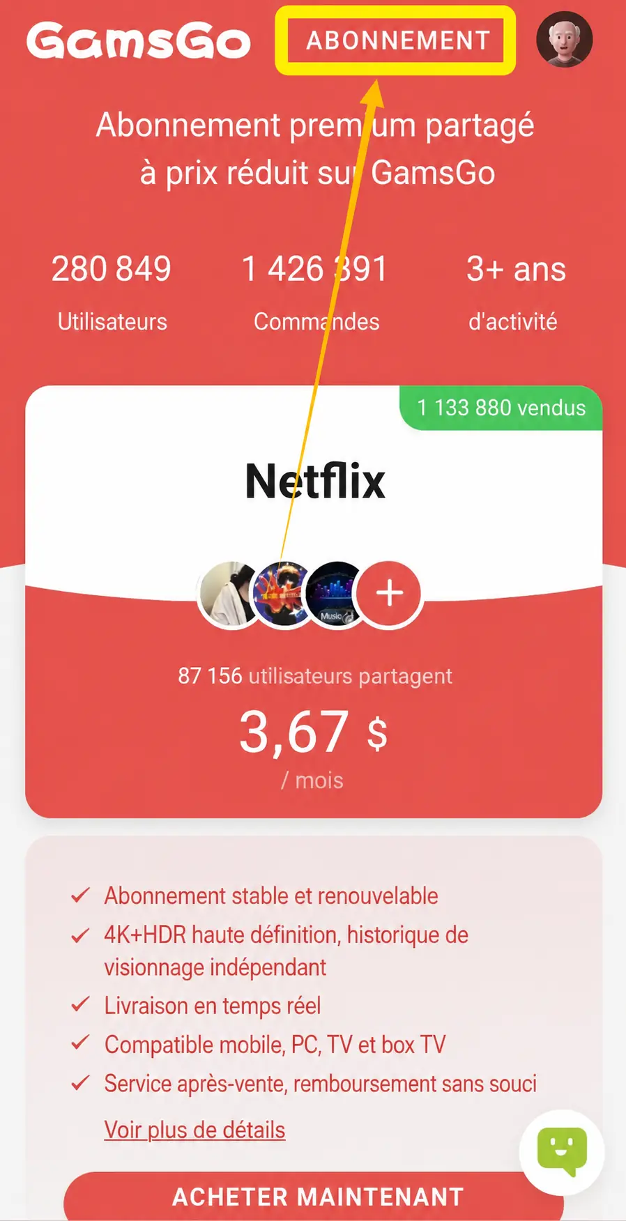 renouvellement netflix via gamsgo bouton