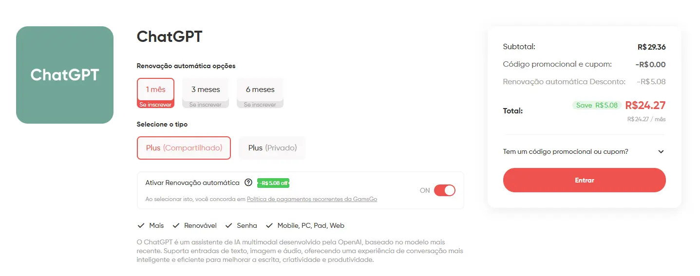 Economize no ChatGPT Plus com o GamsGo