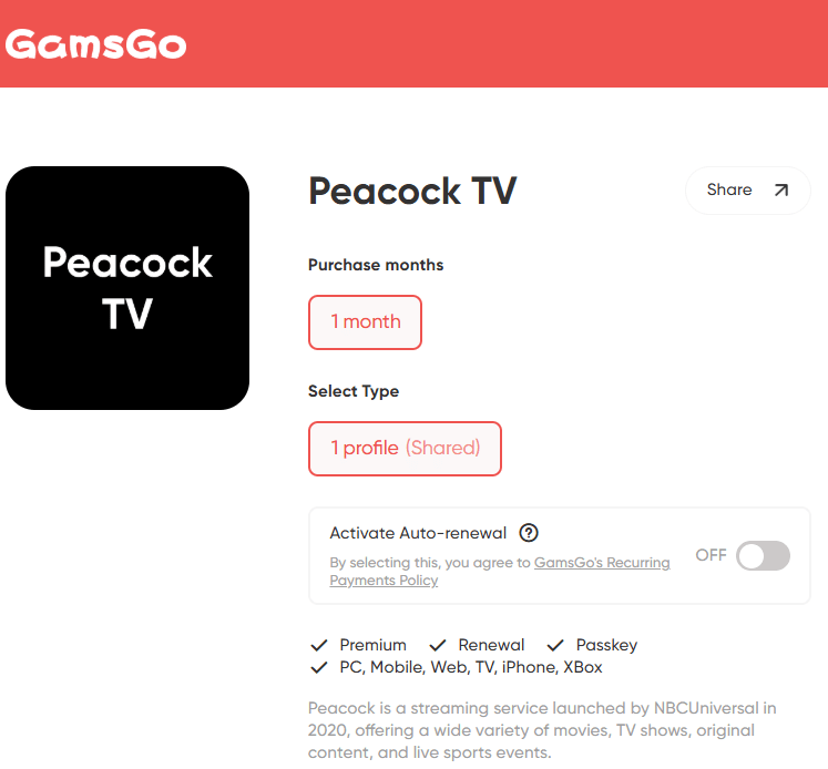 Peacock Premium Plus On GamsGo