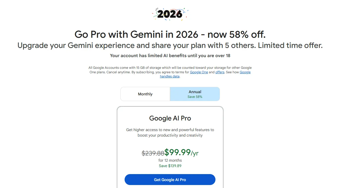 Get Gemini Pro at a lower price with the Google 2026 annual offer