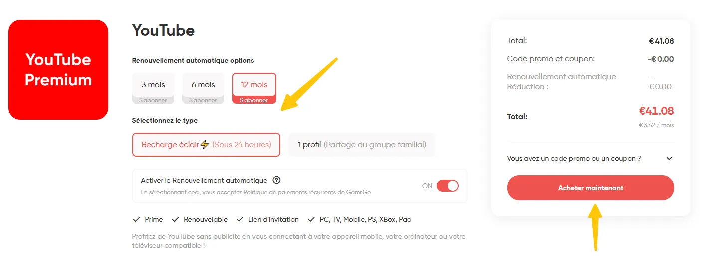 Choisir la durée de l'abonnement YouTube Premium