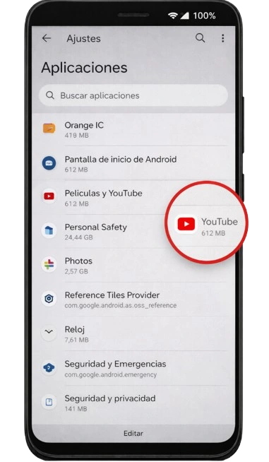 Configuración de la aplicación YouTube en ajustes de Android