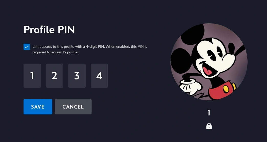 Schermata per visualizzare o modificare il PIN del profilo Disney+