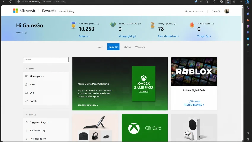 Microsoft Rewards dashboard used to earn points toward free RP