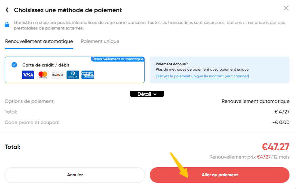 Page de paiement GamsGo pour l’abonnement YouTube Premium