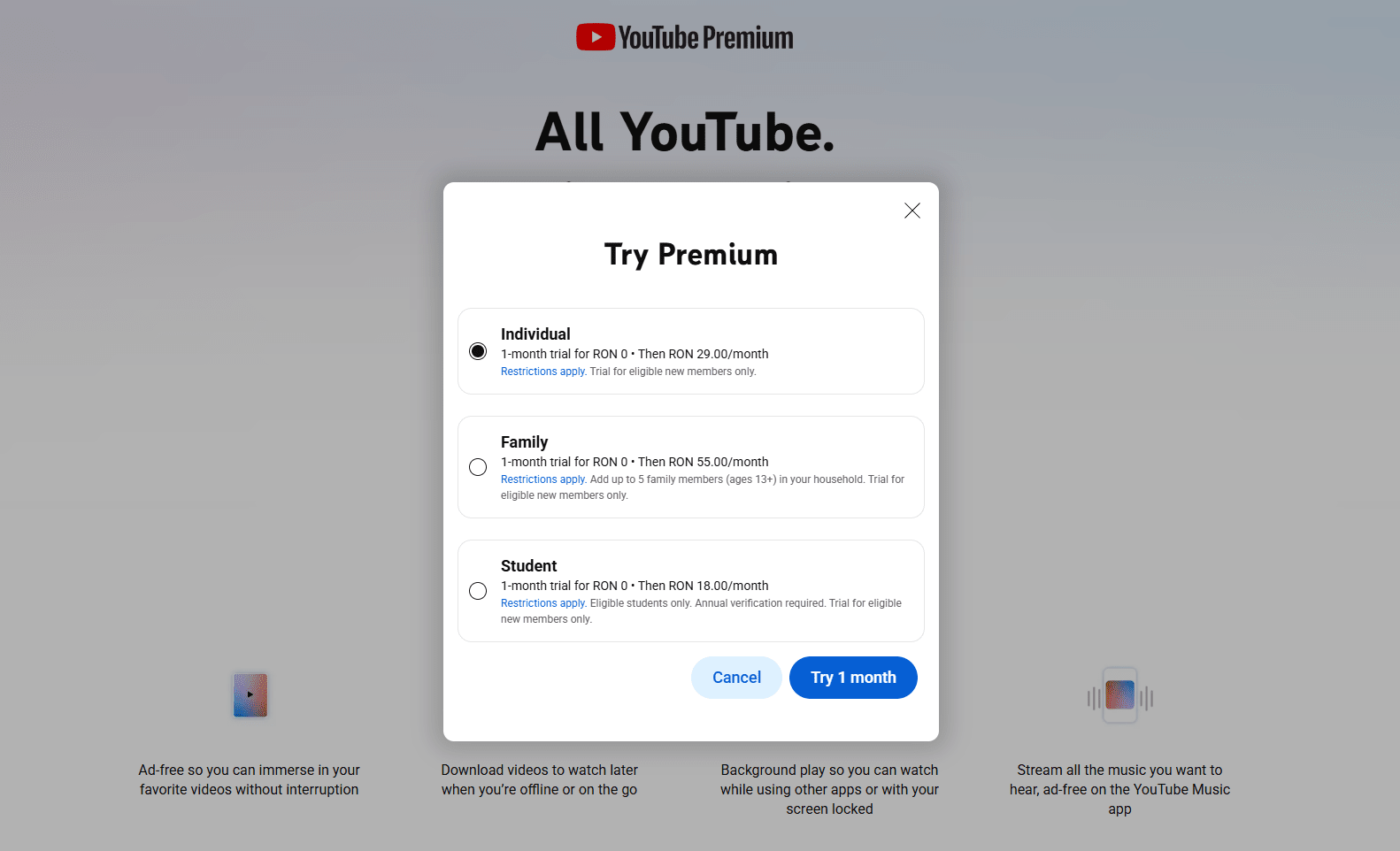 YouTube Premium subscription plans with checkout option