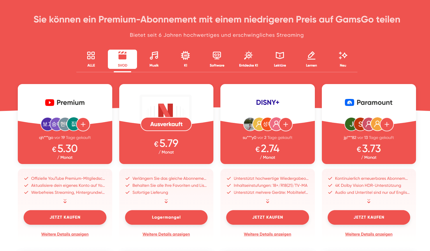 YouTube-Premium-Option auf der GamsGo-Startseite