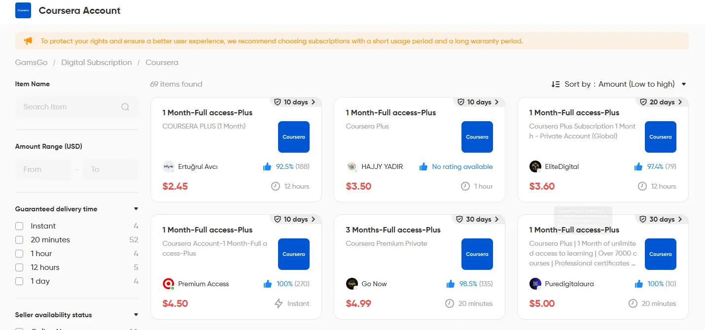 cheap monthly Coursera Plus on GamsGo Marketplace
