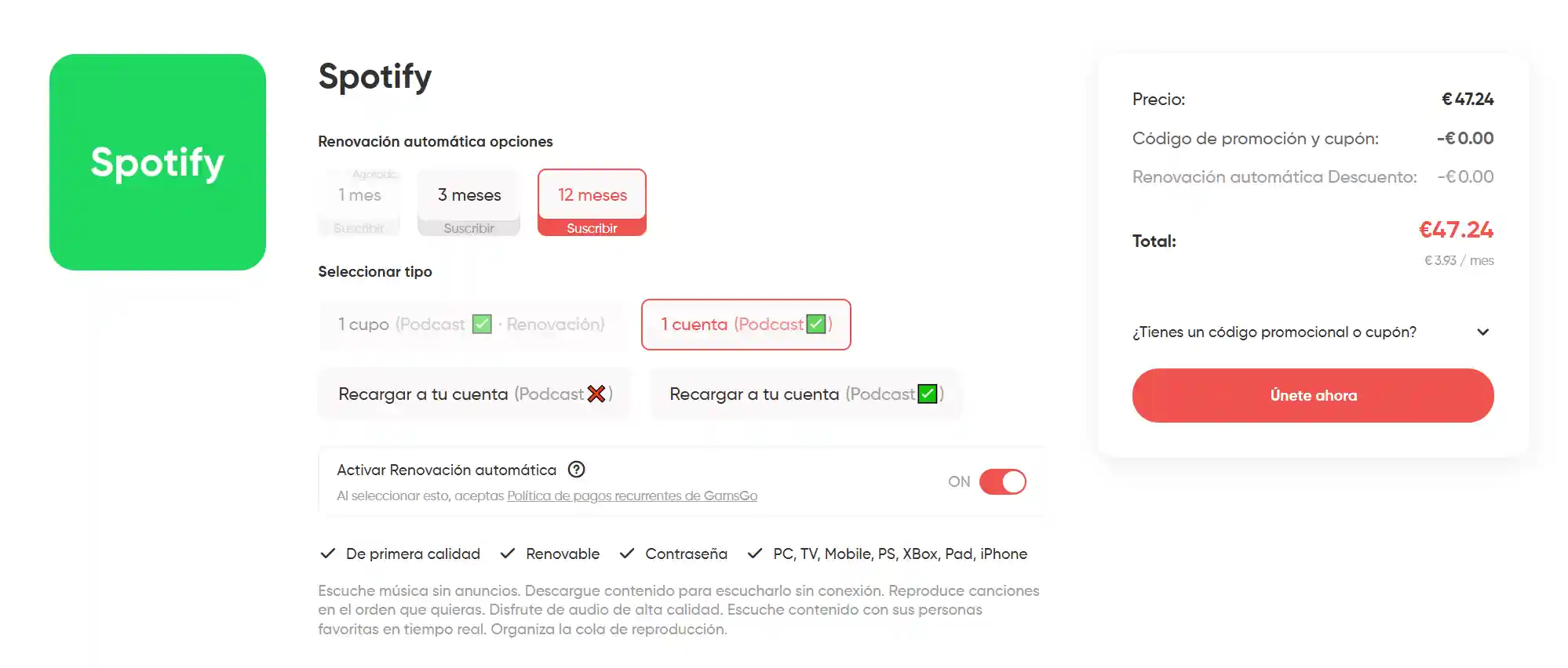 Usar Spotify Premium con GamsGo