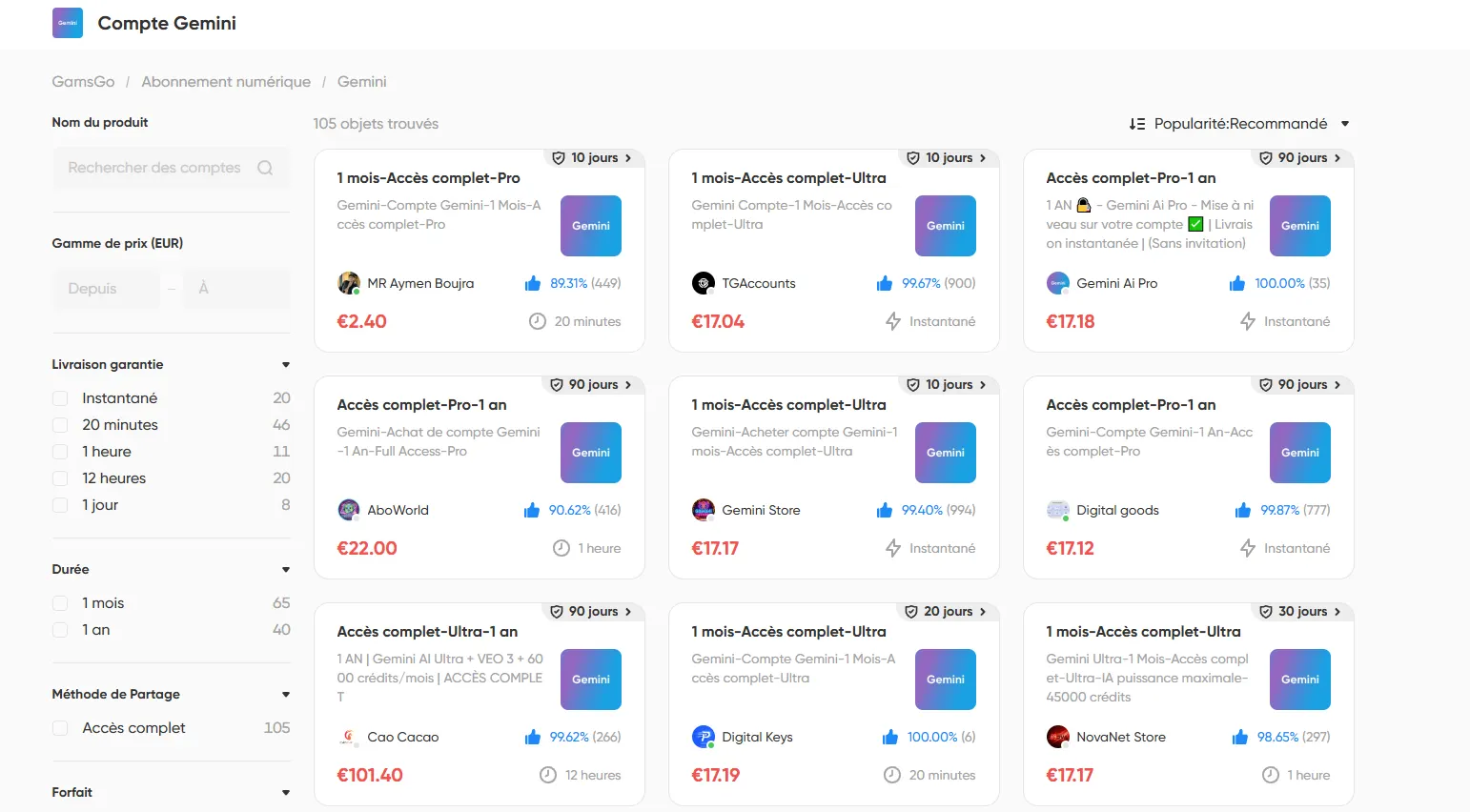 Options d'abonnement incluant les formules Google AI Pro, Plus et Ultra